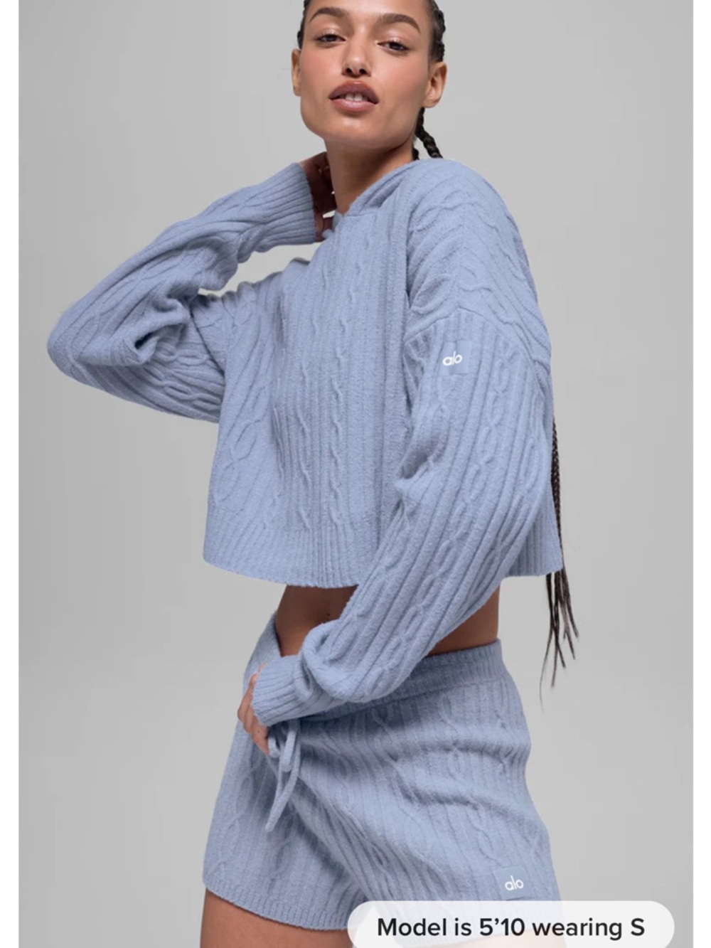 ALO Yoga Light Blue Cable Knit Hooded Sweater